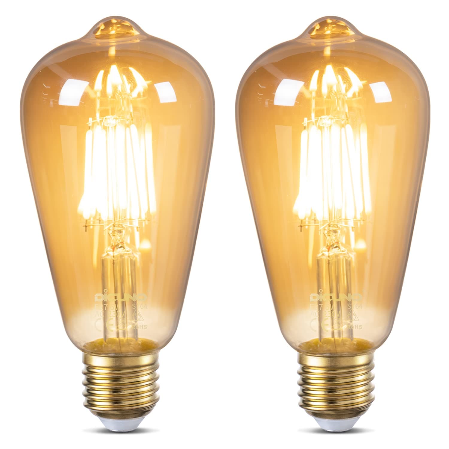 DiCUNO Vintage Light Bulb E27 Edison Screw Bulb, 6W Equivalent to 60 Watt, Retro Amber Glass Lamp, 2200K Warm White, Non-dimmable, ES LED Filament Lamp Squirrel Cage, ST64, 600LM, 2 Packs
