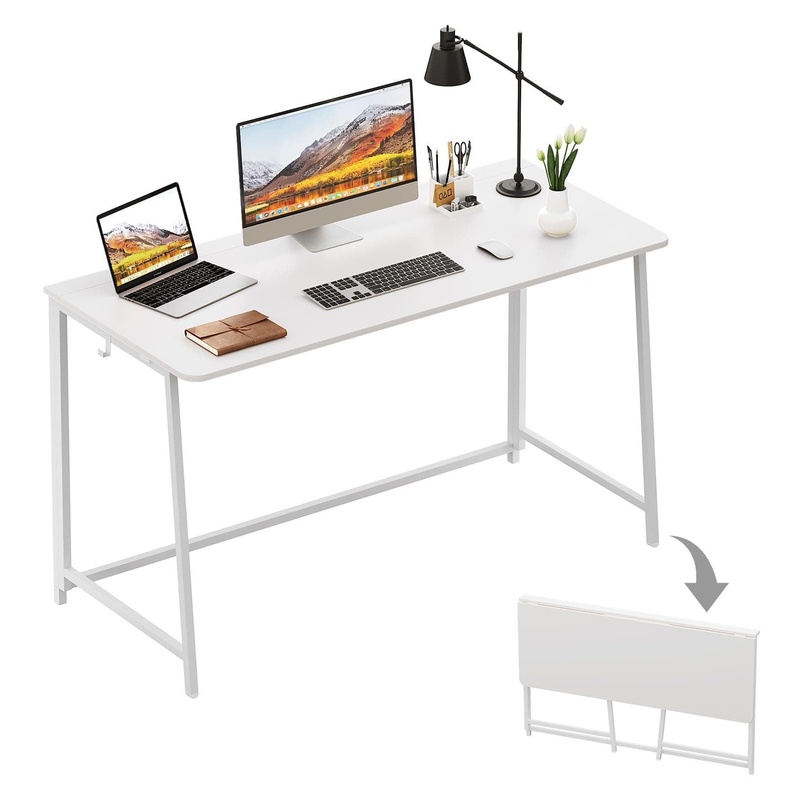 WOHOMO Folding Desk, 47.2" Foldable Computer Desk for Bedroom, Space Saving Computer Table Writing Workstation for Home Office, Easy Assembly, White
