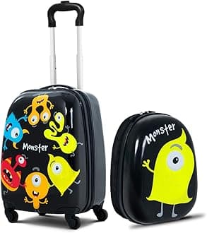 Kids Luggage, 12" Toddler Backpack & 16" Travel Suitcase with Wheels, Lightweight Toddler Girls Suitcase, Durable ABS Hardshell, 2Pcs Carry On Luggage Set for Boys Girls, Black Monster