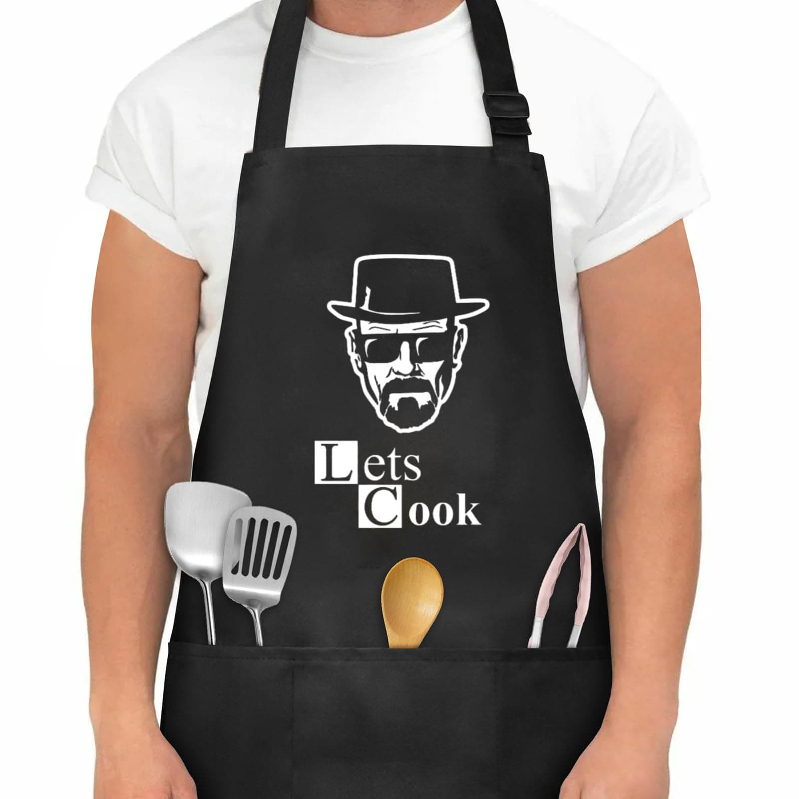 Aomig Kitchen Apron Couple Chef Aprons, Kitchen Adjustable Bib Apron with 3 Pockets, Waterproof, Unisex, Black