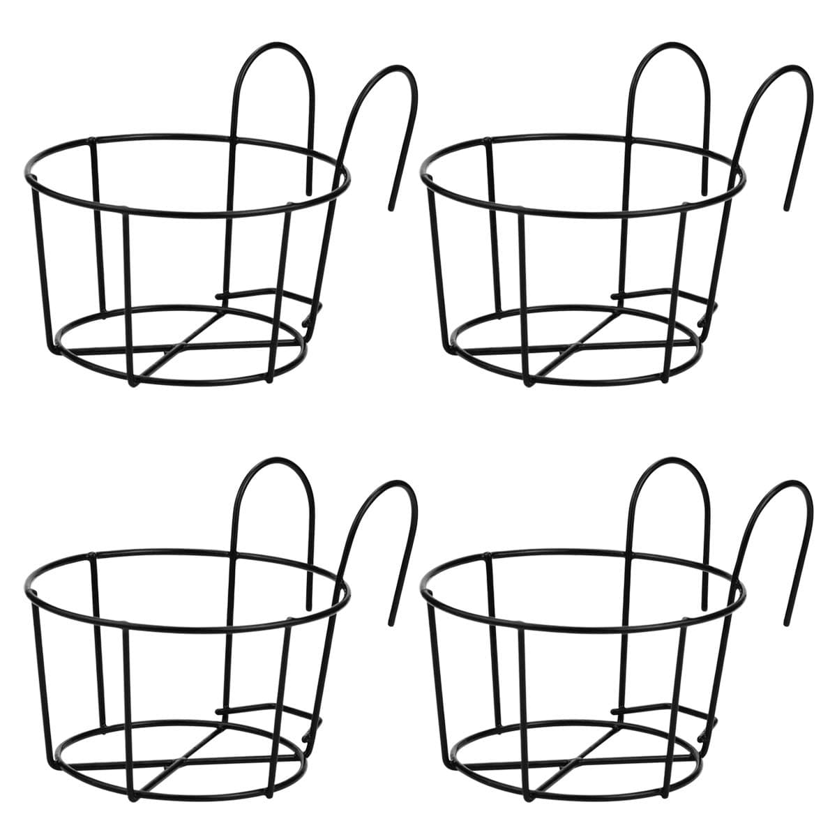 4 Pack Small Round Metal Hanging Railing Planters,Hanging Railing Planter Flower Pot Holder Basket Iron Art Rack Fence Shelf Container for Balcony,Garden,Indoor and Outdoor (Black)