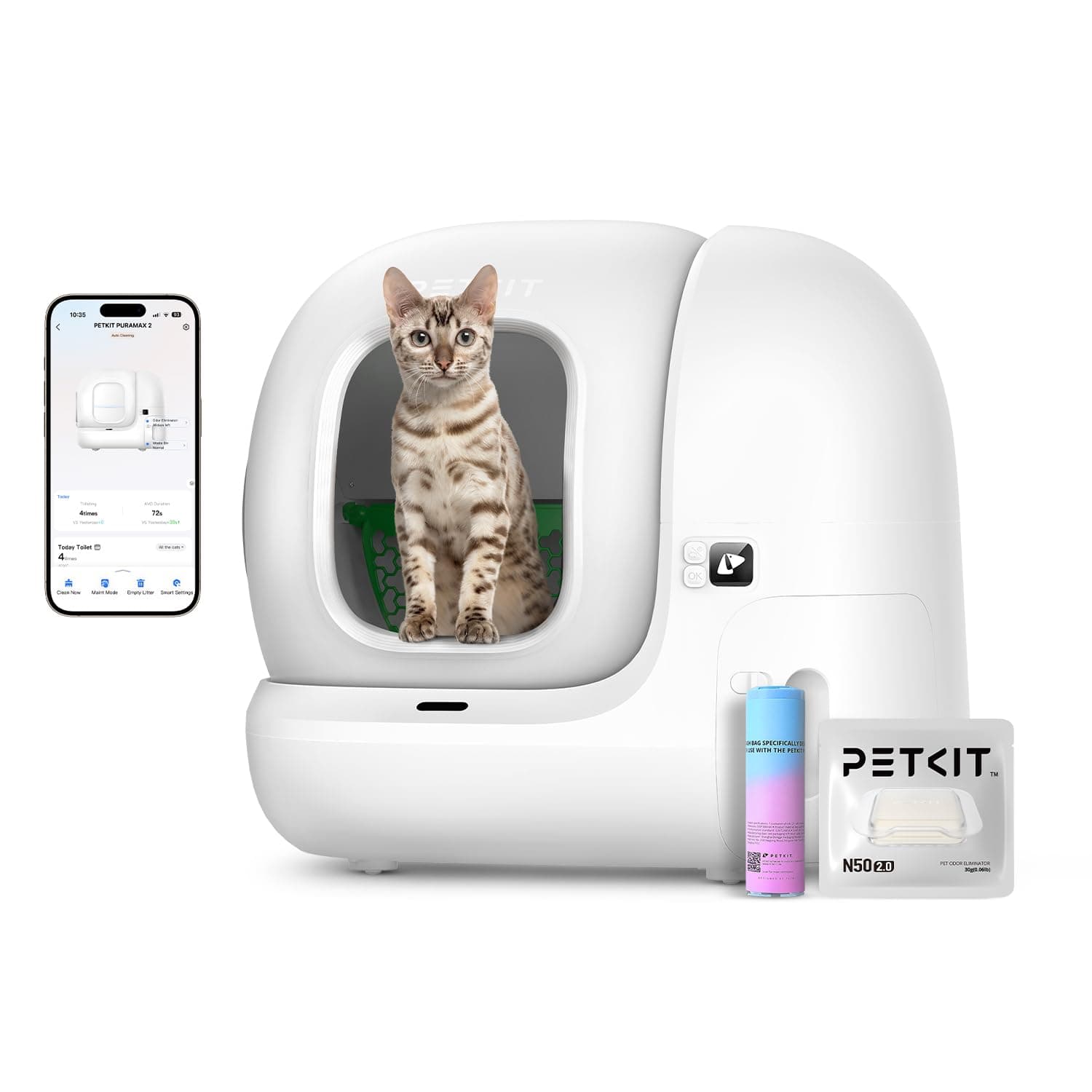 PuraMax 2 Automatic Self-Cleaning Cat Litter Box, App Control Automatic Litter Box with Safety Sensors, Odor Free & Anti-Leakage Basic Bundle Includes Trash Bags,2.4G WiFi & Low Entrance