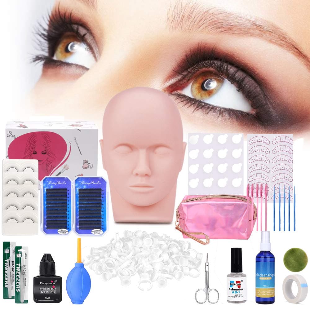 MYSWEETY Eyelash Extension Kit, 19Pcs Professional Eyelash Grafting Training Tools Lashes Extension Supplies Set with Mannequin Head Makeup Bag Glue Tweezers for Practice Eye Lashes Graft