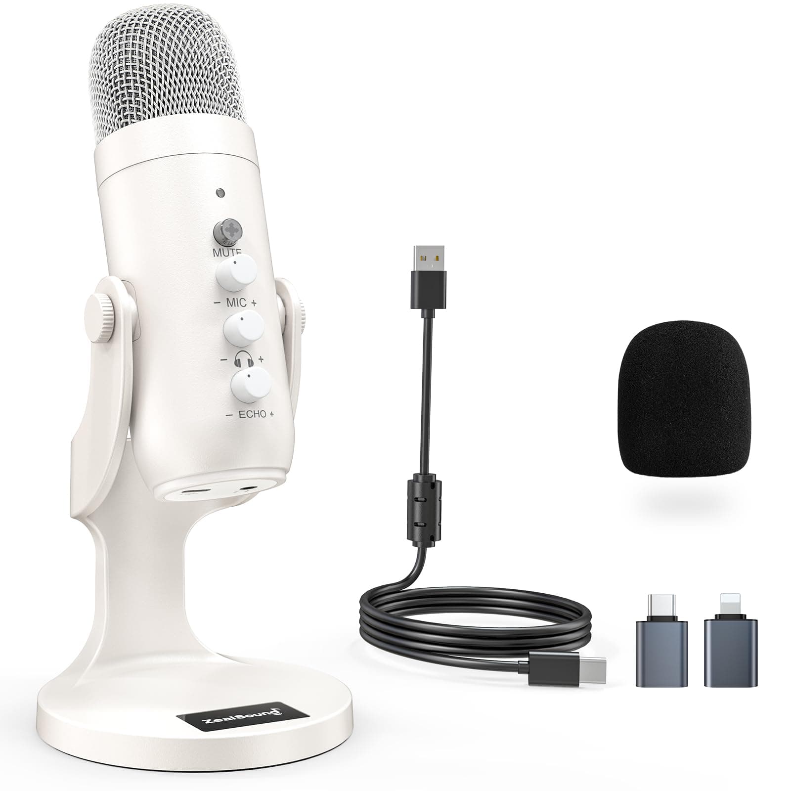 ZealSound Podcast Microphone, Noise Cancellation Mic with Gain, Volume Adjustment & Mute Button, Monitor & Echo, for ASMR, Vocal Recording, YouTube, TikTok, PC, iPhone, iPad, Android, Mac, K66, White