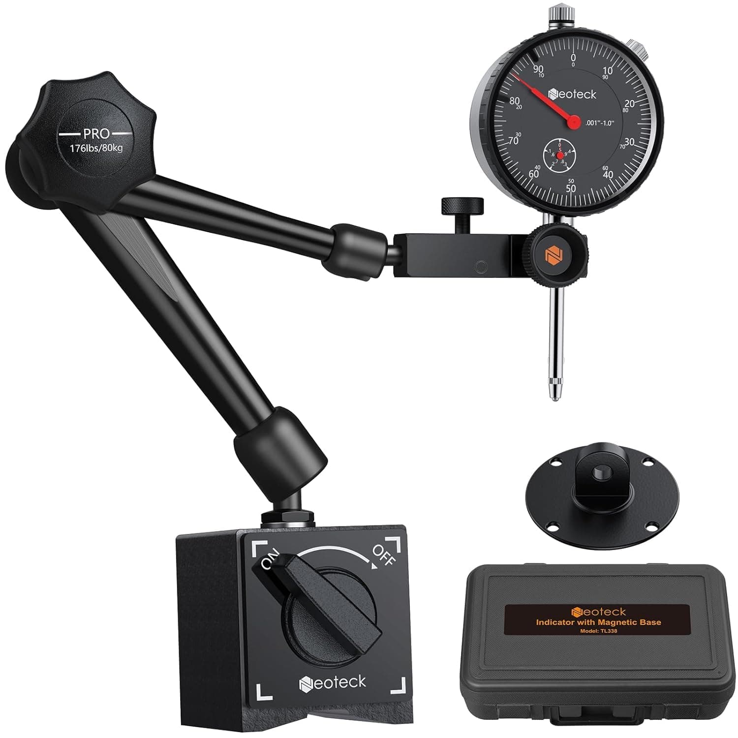Neoteck 0-1"/0.001" Dial Indicator and Magnetic Base Set with Storage Case, Dial Gauge and Magnetic Holder for 3D Printer Lathe Workshop CNC Machine Table Saw- 176lbs (80kg) Max Pull-Black