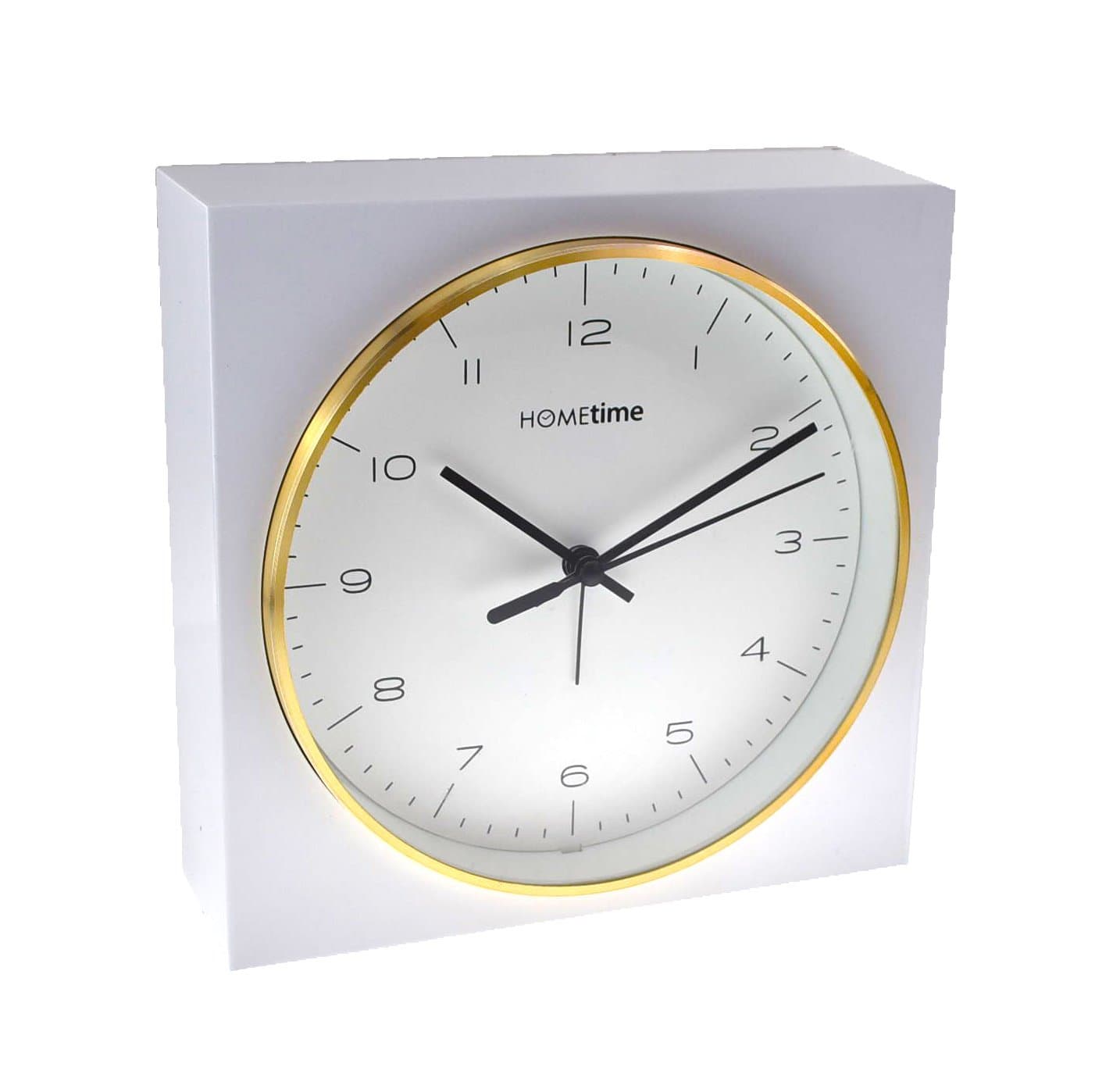 Hometime Square White Alarm Clock Large 16.5cm Black Numerals Gold Tone Rim Wall