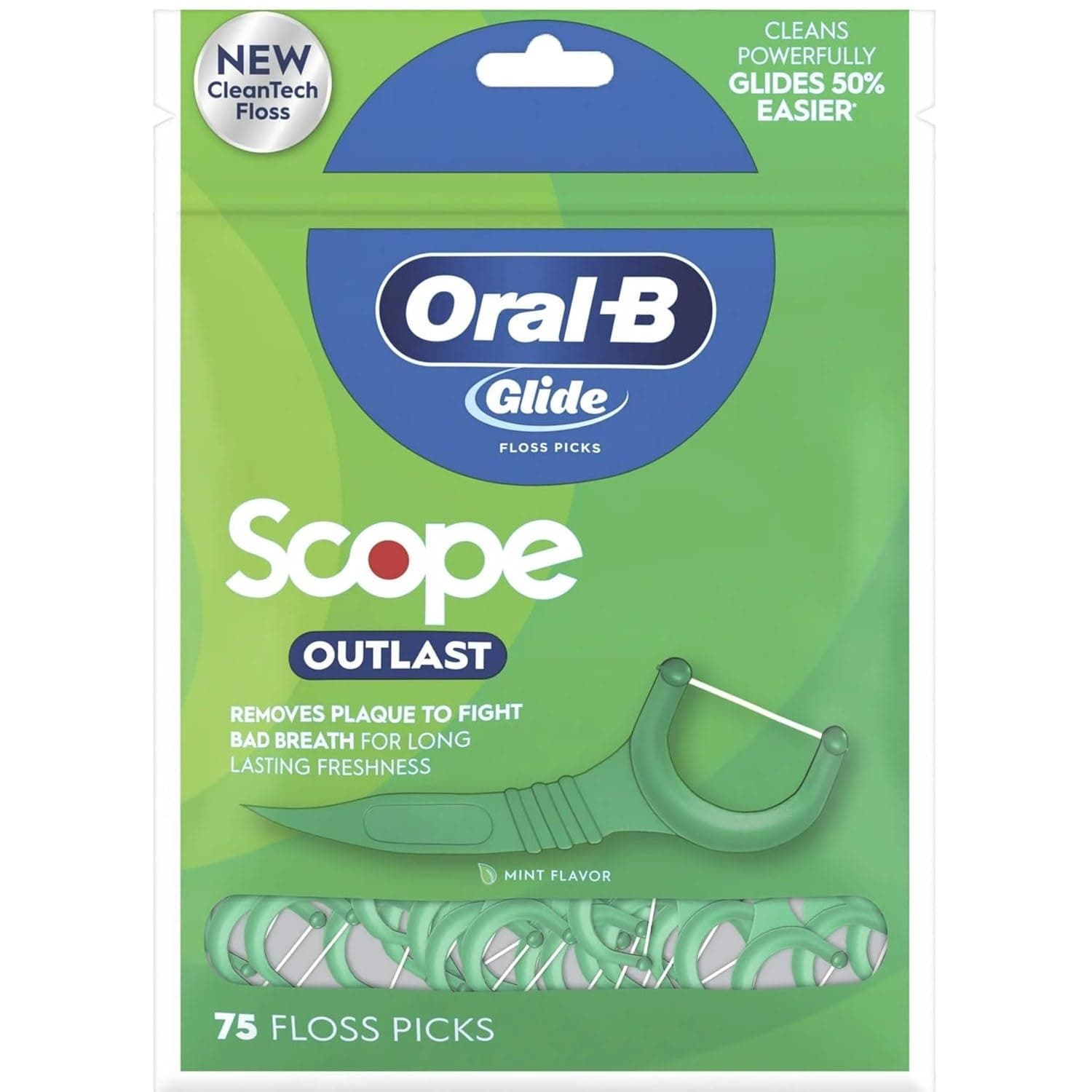 Oral-B Complete Glide Dental Floss Picks Plus Scope Outlast, Long Lasting Mint, 75 Dental Floss Picks, Pack of 6