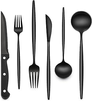 EWFEN Black Silverware Set with Steak Knives, 24-Piece Stainless Steel Black Flatware Set for 4, Food-Grade Tableware Cutlery Set, Utensil Sets for Home Restaurant, Mirror Finish, Dishwasher Safe