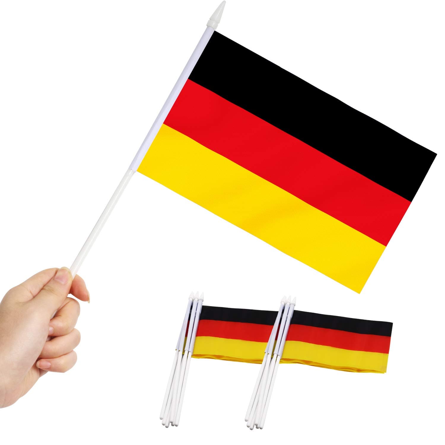 Anley Germany Mini Flag 12 Pack - Hand Held Small Miniature German Flags on Stick - Fade Resistant & Vivid Colors - 5x8 Inch with Solid Pole & Spear Top