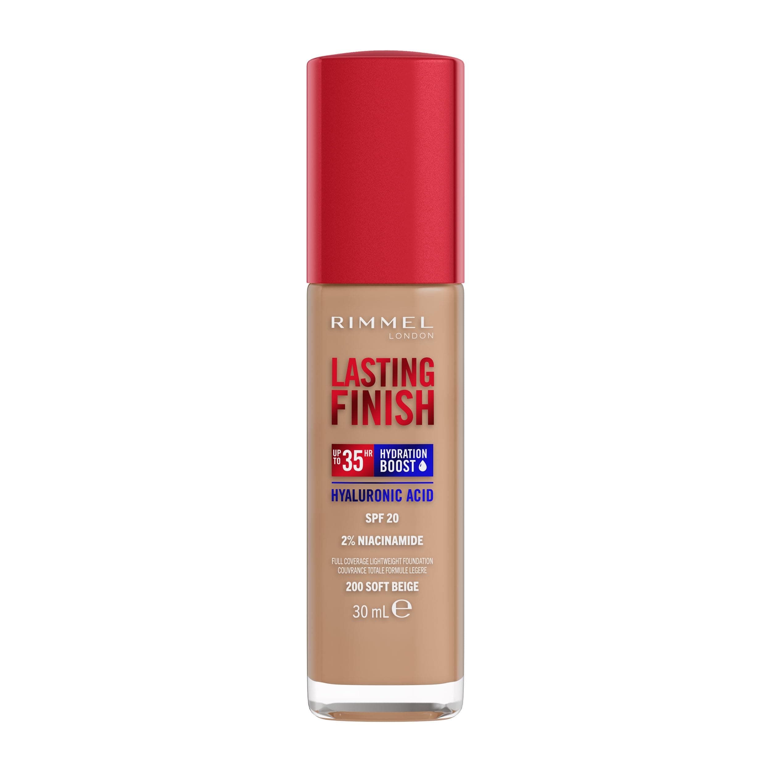 Rimmel Lasting Finish 35Hr Foundation 200 Soft Beige, Full Coverage, Hydrating, SPF20, Hyaluronic Acid, Vitamin E, 2% Niacinamide, All Day Wear, Vegan, Cruelty Free