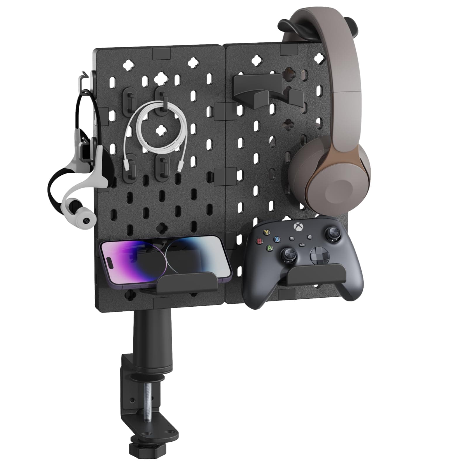 PEGZONE Headphone and Controller Holder, Rotating Gaming Accessories Organizer for Xbox PS5 PS4 Nintendo Switch, Modular Desk Controller Stand with Cable Hooks, 2Pcs Pegboard, Black