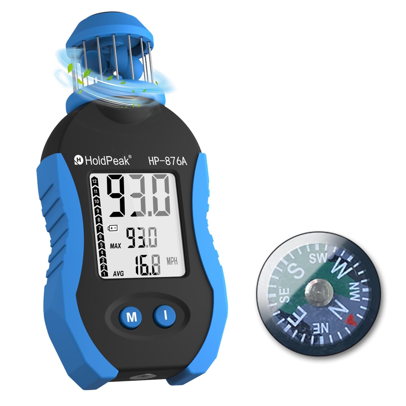 HOLDPEAK Handheld Cup Anemometer, 93MPH Digital Air Wind Speed Meter with Compass, Wind Measuring Device Gauge for Outdoor Sailing Drone Flying Shooting HVAC