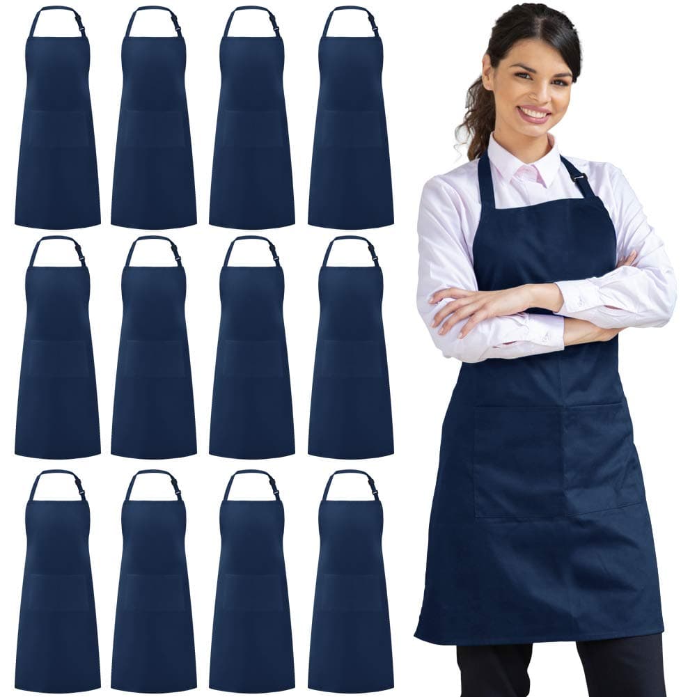 12 Pack Bib Apron, Unisex Aprons Adjustable Waterdrop Resistant with 2 Pockets Cooking Kitchen Apron for Chef, BBQ Drawing Apron Bulk, Nautical Blue