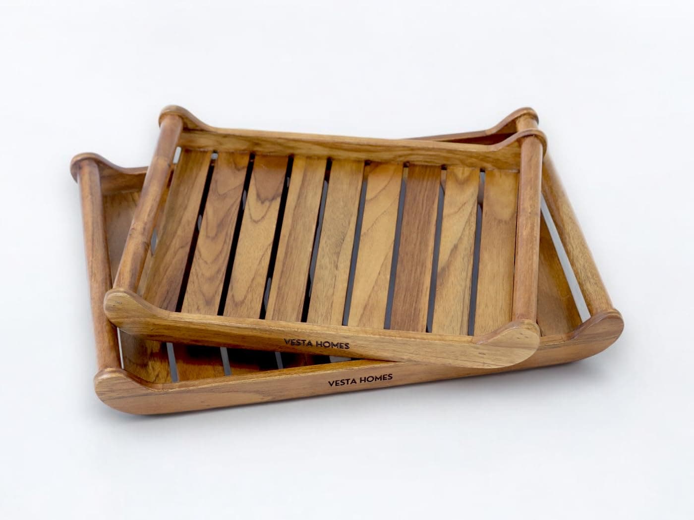 Vesta Homes Set of 2 Romper Teak Wood Rectangular Serving Tray For Home/Kitchen/Restaurant/Office Organizer/Dining TablePremium Wooden Trays 45.5 X 30.5 ; 38 x 25 cm Handcrafted In India