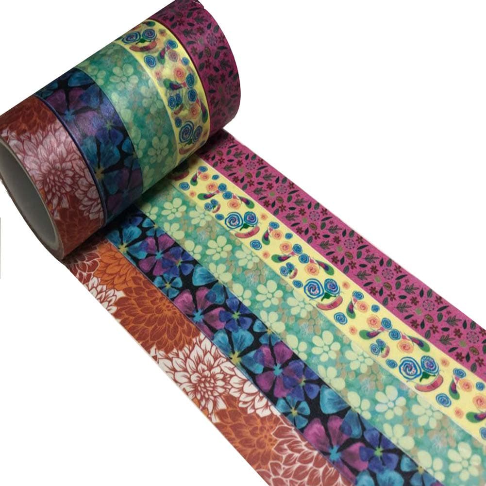 Meiwash Decorative Washi Tape Set Adhesive Multi-Pattern Washi Masking Tape Scrapbooking and Bullet Journaling Tape Decoration for DIY Gifts Arts and Crafts (Flowers & Feathers,Pack of 5)