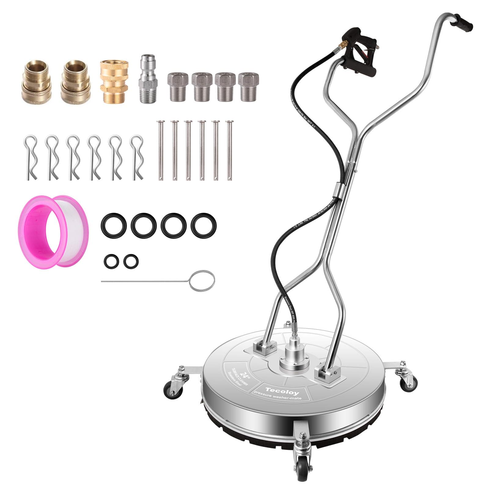 24'' Pressure Washer Surface Cleaner with 4 Wheels,Dual Handle,Stainless Steel Housing, 4 Replacement Nozzle Cores and 2 Hose Adapters,Ideal for Driveways, Sidewalks,Patios,Decks Cleaning