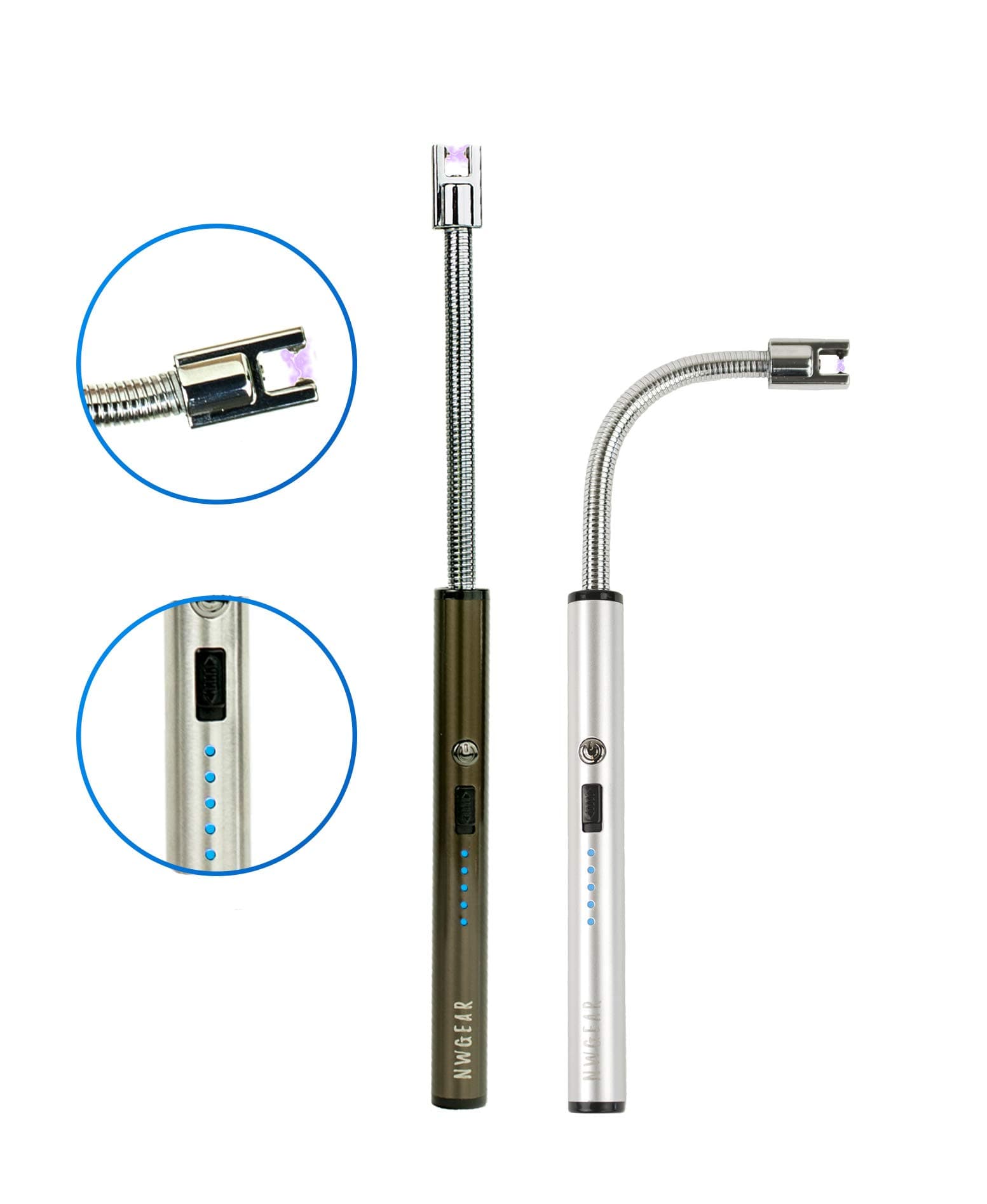 NWGear Electric Arc Lighter (2 Pack) | BBQ Lighter with Long 360° Flexible Neck, LED Battery Indicator, USB Rechargeable, Splash & Windproof – for Candles, Gas Stoves, Emergency