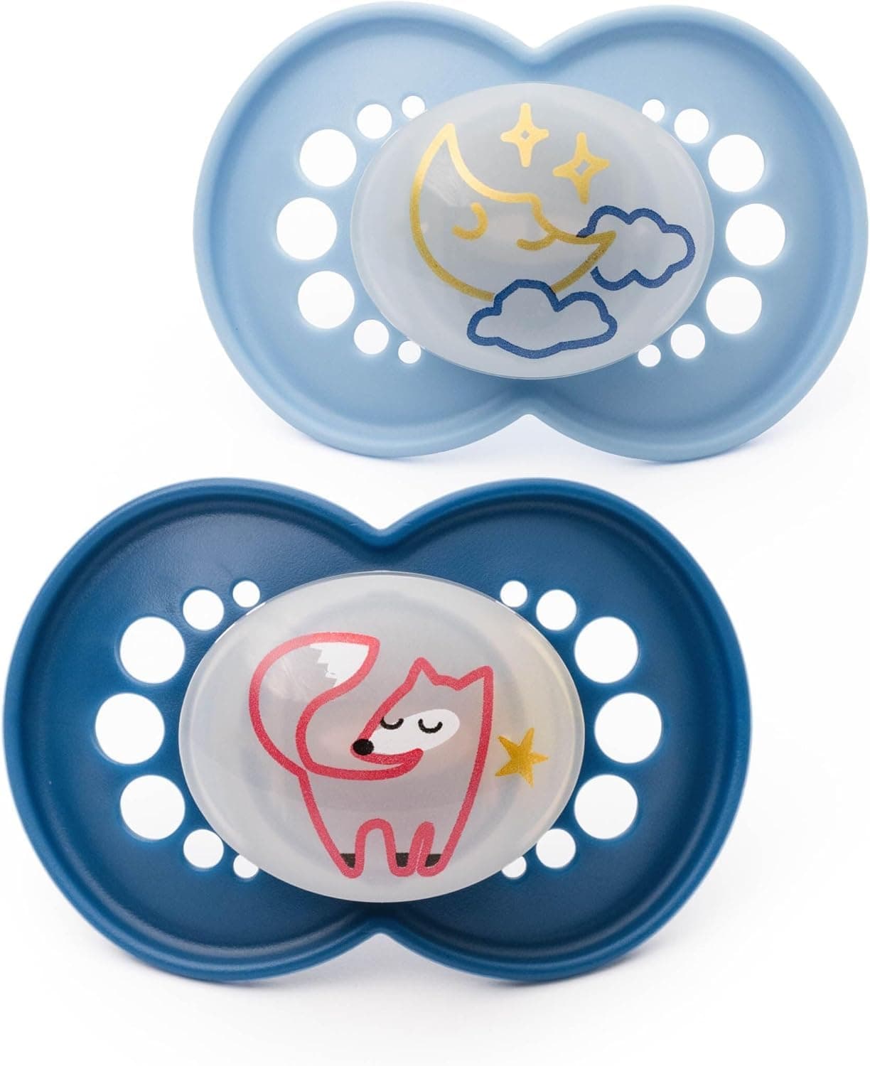 MAM Original Night Soothers | 18-36 Months | 2 Pack | Glow in The Dark Dummies | Comes in Dummy Steriliser Case | Sustainable Materials | Baby Accessories | Blue (Various Designs)