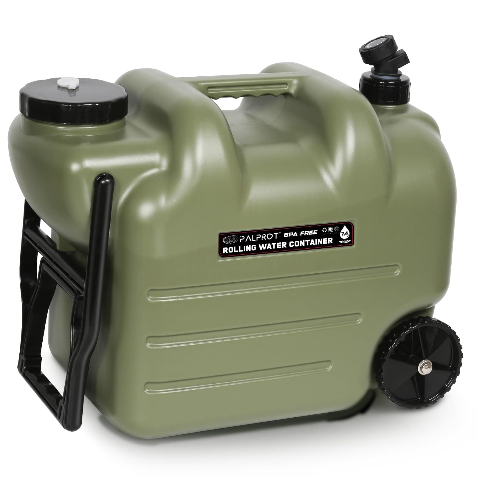 PalProt® Water Storage Container with Spigot | 7.4 Gal - Camping Water Jug with Portable Rolling Wheel - Reusable Long Term Water Dispenser with Hose - BPA Free Food Grade Emergency Water Tank
