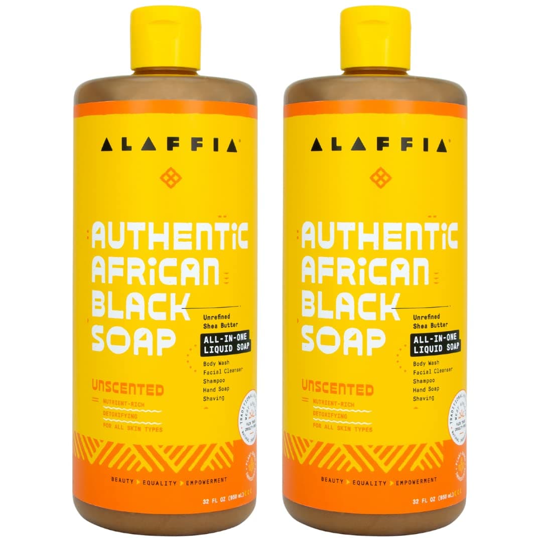 Alaffia Authentic African Black Soap, Unscented, 2-Pack – All-in-One Moisturizing Cleanser for Face, Hands, Body & Hair, 32 Oz Ea