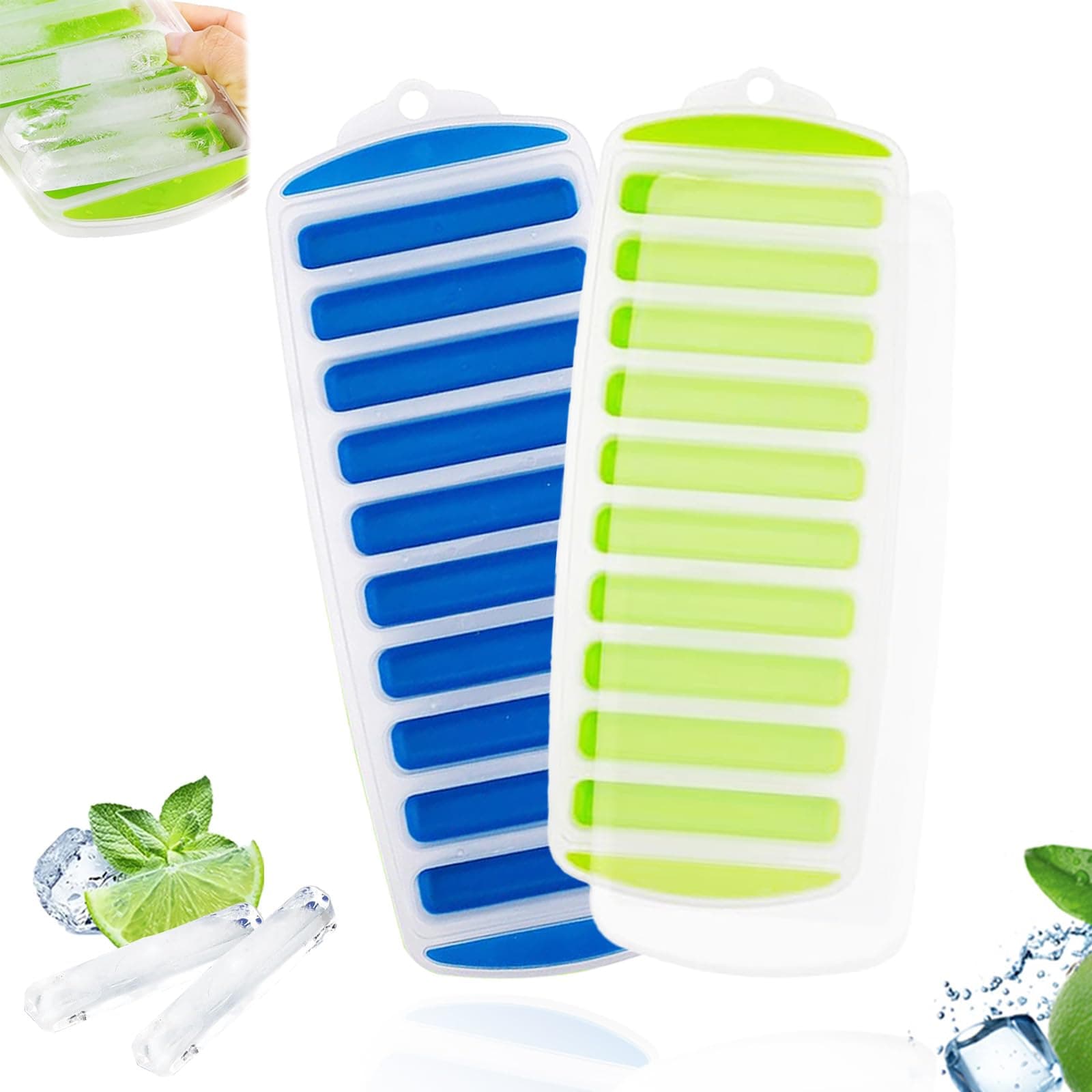 Ice Cube Tray with Lid 2 PCS, Ice Stick Tray with Lid Removable, Bottle Ice Cubes for Bottles, Bottle Ice Sticks Cube Trays Reusable for Sports Drinks and Water Bottles Whiskey Cocktail, (Blue+Green)