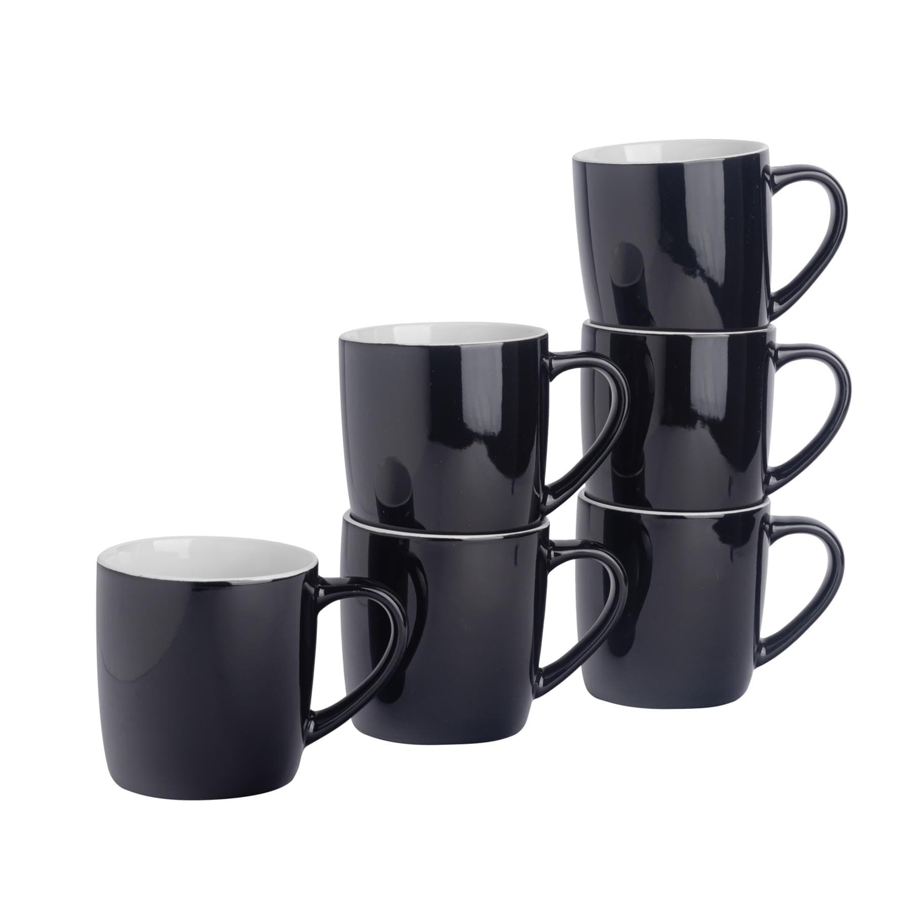 Coloured Coffee Mugs - Black - 350ml - Pack of 6 - Gloss Ceramic Stoneware Latte Cappuccino Cups Hot Chocolate Cups Colourful Mug Set with Handle