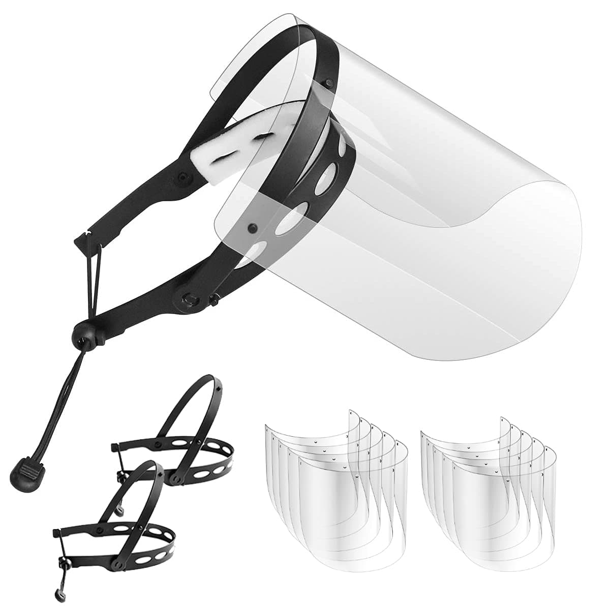 EWA Adjustable Face Shield（2pack+10visors）, All-Round Protection Cap with Clear Anti-Fog Shields, Lightweight Transparent Face Shields(2 Support Frame + 10 Replaceable Visors+ 4 Sponge Strips)-Black