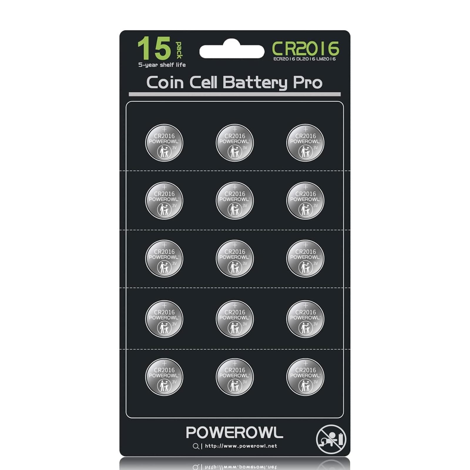 POWEROWL High Capacity CR2016 Battery (15-Pack) CR 2016 3v Lithium Batteries, 10 Years Leak-Free