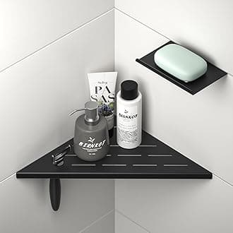 10'' Corner Shower Shelf w/Soap Holder, 304 Stainless Steel Grout in Shelf for Bathroom, Recessed Shelf for Tiled Wall, No Drilling Needed (Black)