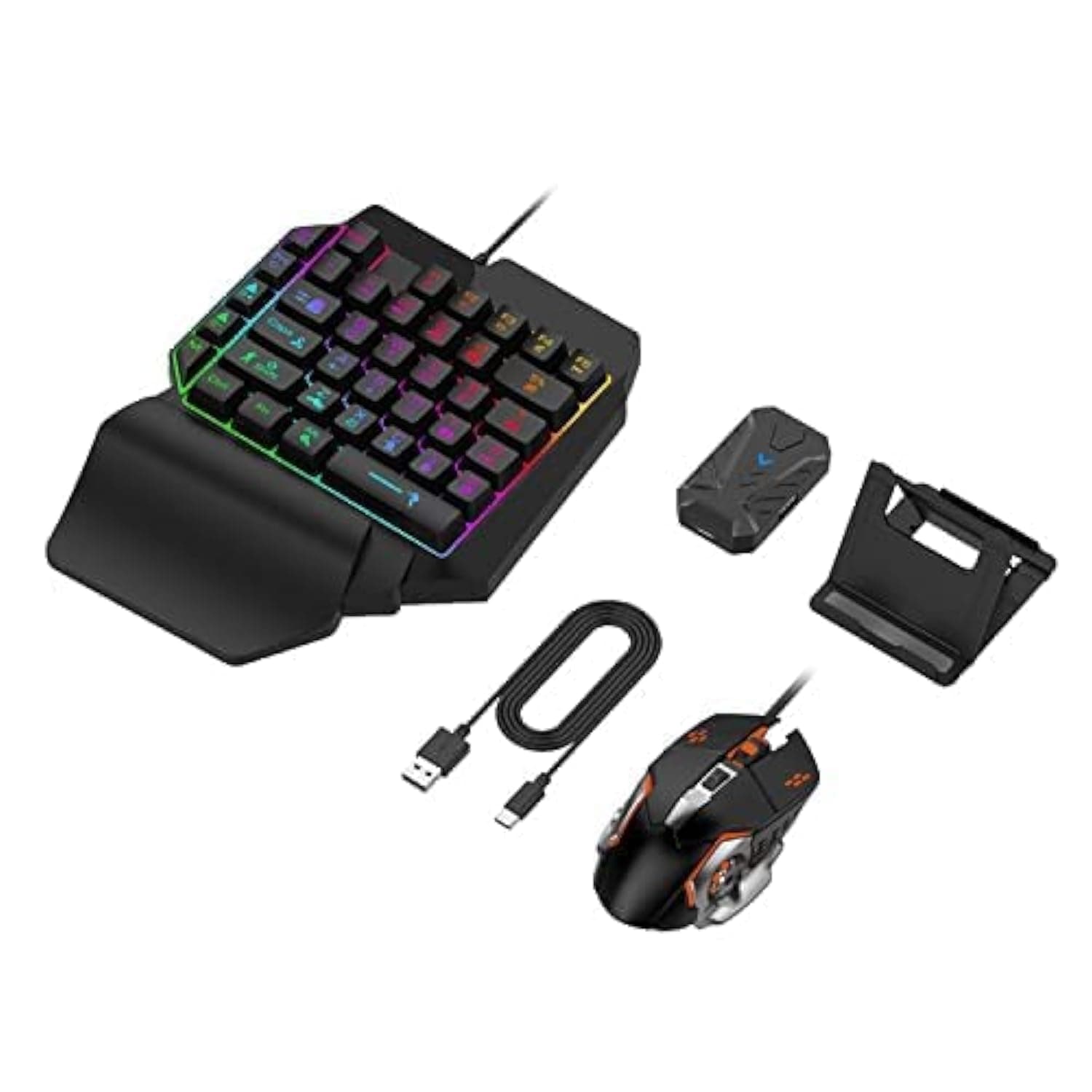 GSH One Hand Gaming Keyboard and Backlit Mouse Combo, USB Wired Rainbow Letters Glow Single Hand Mechanical Set for Laptop PC Game and Work