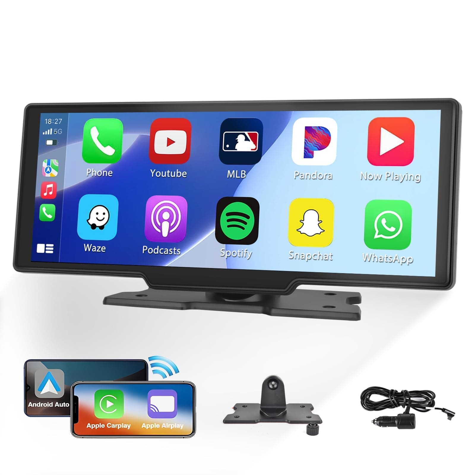 Wireless CarPlay Android Auto, Dash Mount Portable 10.26-Inch FHD Touch Screen Car Stereo Drivemate Car Buddy with Voice Control, Mirror Link, Dual Bluetooth, FM, TF Input, AUX Input