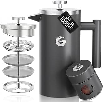 Large French Press Maker - Vacuum Insulated Stainless Steel, 34 floz, Grey