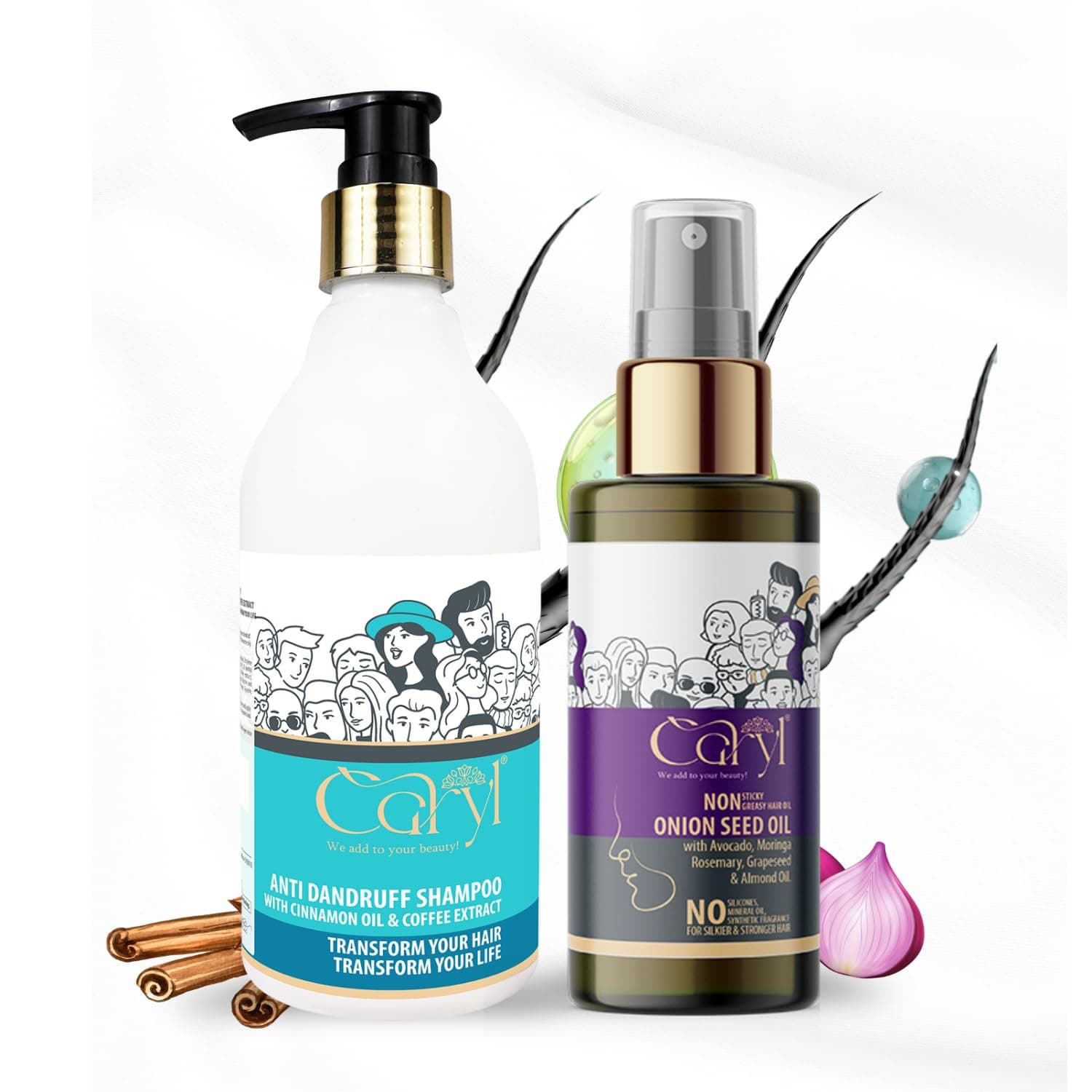 Caryl Anti-Dandruff & Hair Fall Control Combo | Onion Seed Hair Oil (100ml) & Shampoo (300ml) | Hair Growth, Hair Fall Control, Dandruff Relief, Itchy Scalp, Frizz Control & Root Strength | With Cinnamon, Coffee & Rosemary oil | Sulfate & Paraben Free