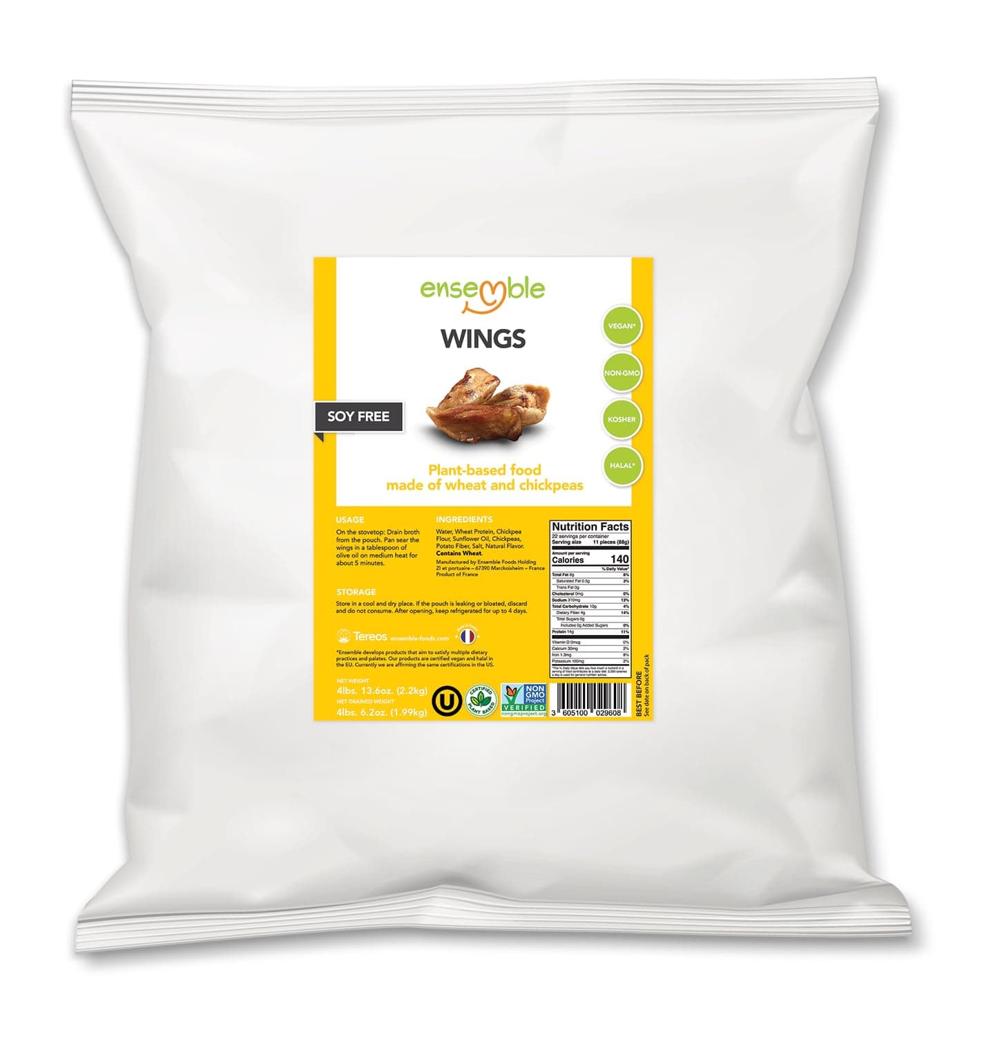 ENSEMBLE™ Plant-Based Meat Alternative – Wings 4.85 lb (2.2 kg) | Shelf-Stable | Non-GMO | Soy Free | 100% Vegan | Kosher, Halal