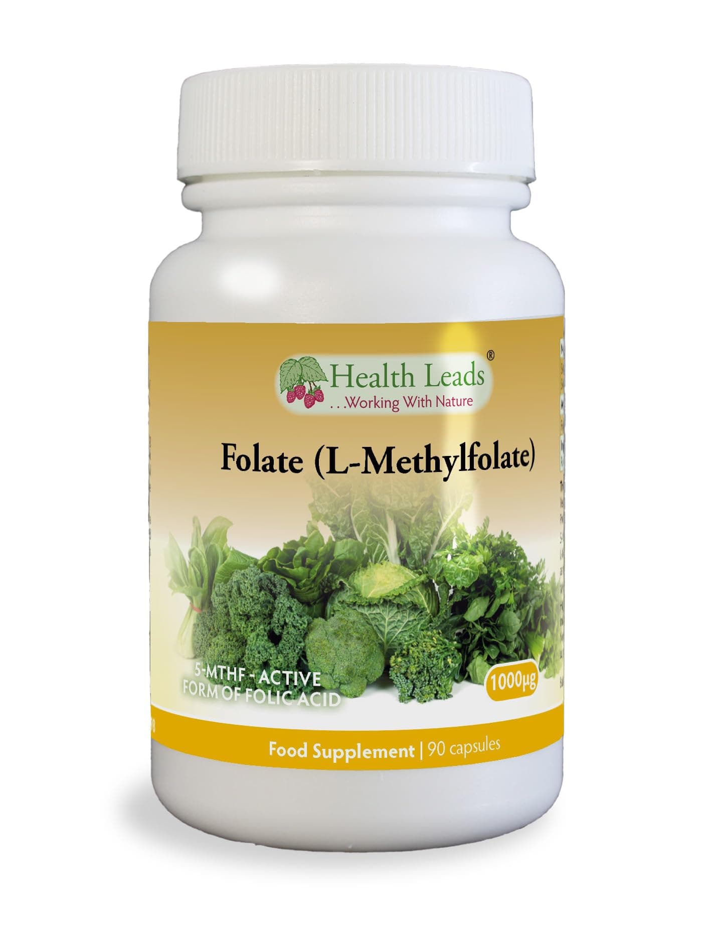 Folate (L-Methylfolate) 1000μg x 90 Capsules, 5-MTHF Active Form of Folic Acid/Vitamin B9, Please See Our 400mcg Version for Pregnancy, Magnesium Stearate Free, Made in Wales