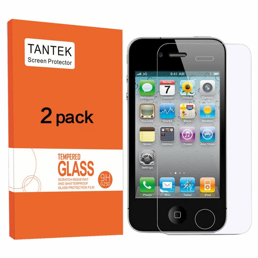 TANTEK Tempered Glass Screen Protector for Apple iPhone 4/4S, Clear, 2 Pack
