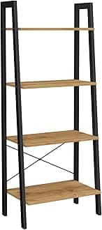 VASAGLE Ladder Shelf, 4-Tier Bookshelf, Bookcase, for Living Room, Bedroom, Kitchen, Home Office, Industrial Style, Steel Frame, Honey Brown and Black LLS044B05