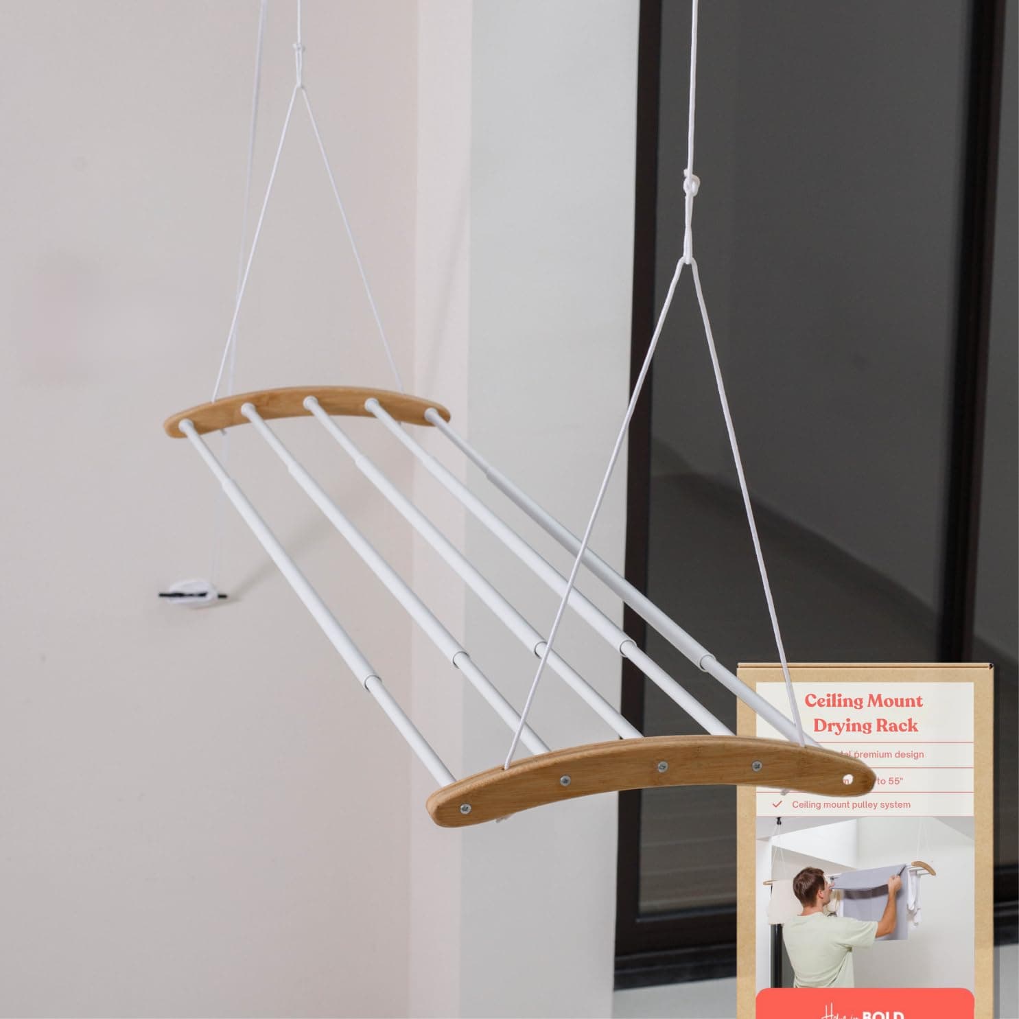 Ceiling Mounted Drying Racks for Laundry-Space-Saving Ceiling Clothes Drying Rack-Pulley Drying Rack-Wood, Metal, Ceiling Clothing Rack-Ceiling Mount Drying Rack-Clothes Drying Rack Ceiling Mounted