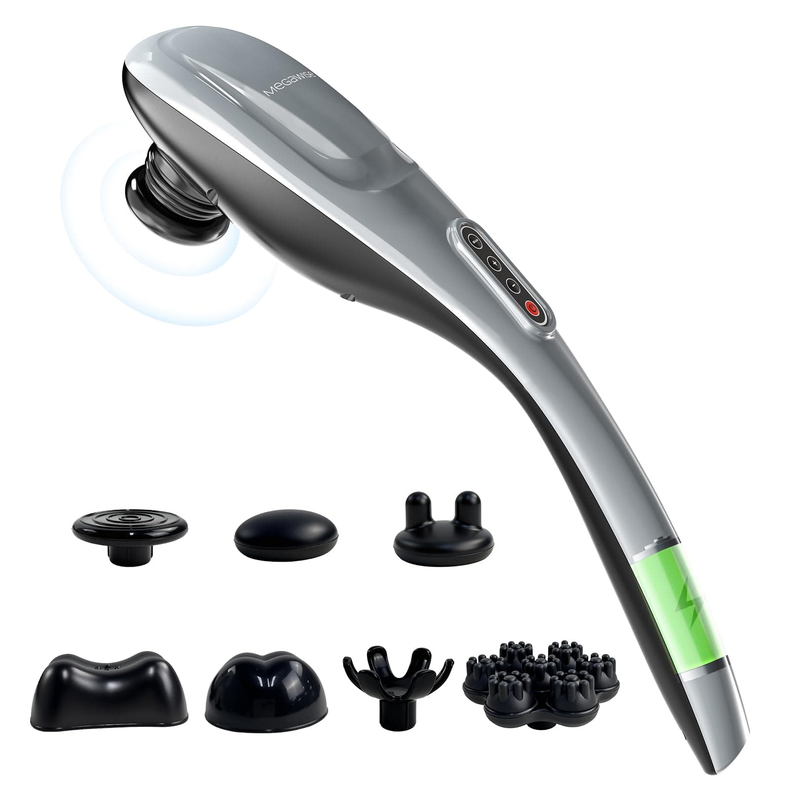 MEGAWISE Handheld Back Massager | Deep Tissue Percussion Massage for Back, Neck, Shoulders, Waist and Legs (Cordless Silver)