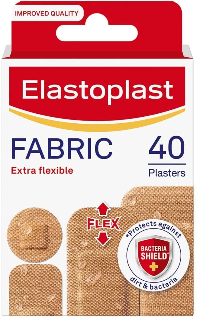 Elastoplast Extra Flexible Fabric Plaster Strips (40 Pieces), Extra Flexible Fabric, Breathable, Large Plasters, Water-Repellent, Strong Adhesion, Tan