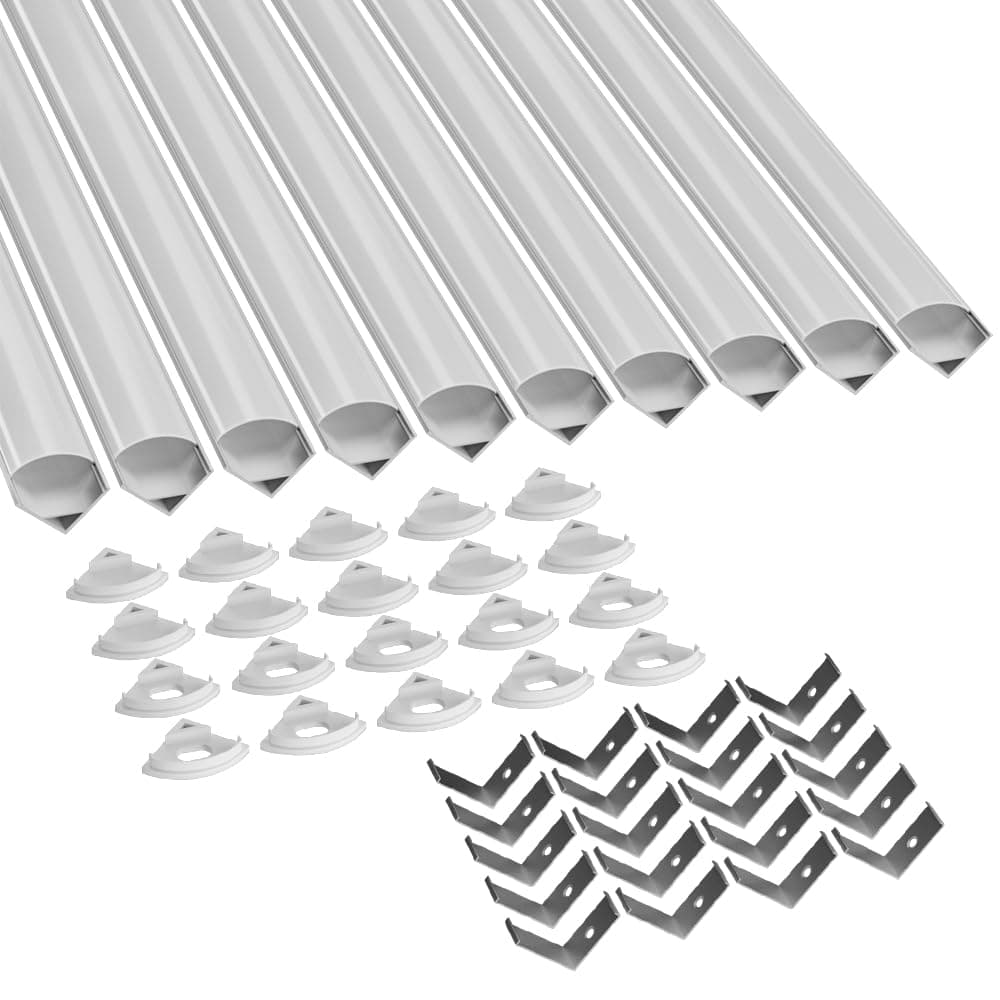 CUQI LED Profile, 10 x 40 cm V-Shape LED Aluminium Profile with Milky PC Cover, End Caps and Mounting Bracket for LED Strips (Pack of 10)