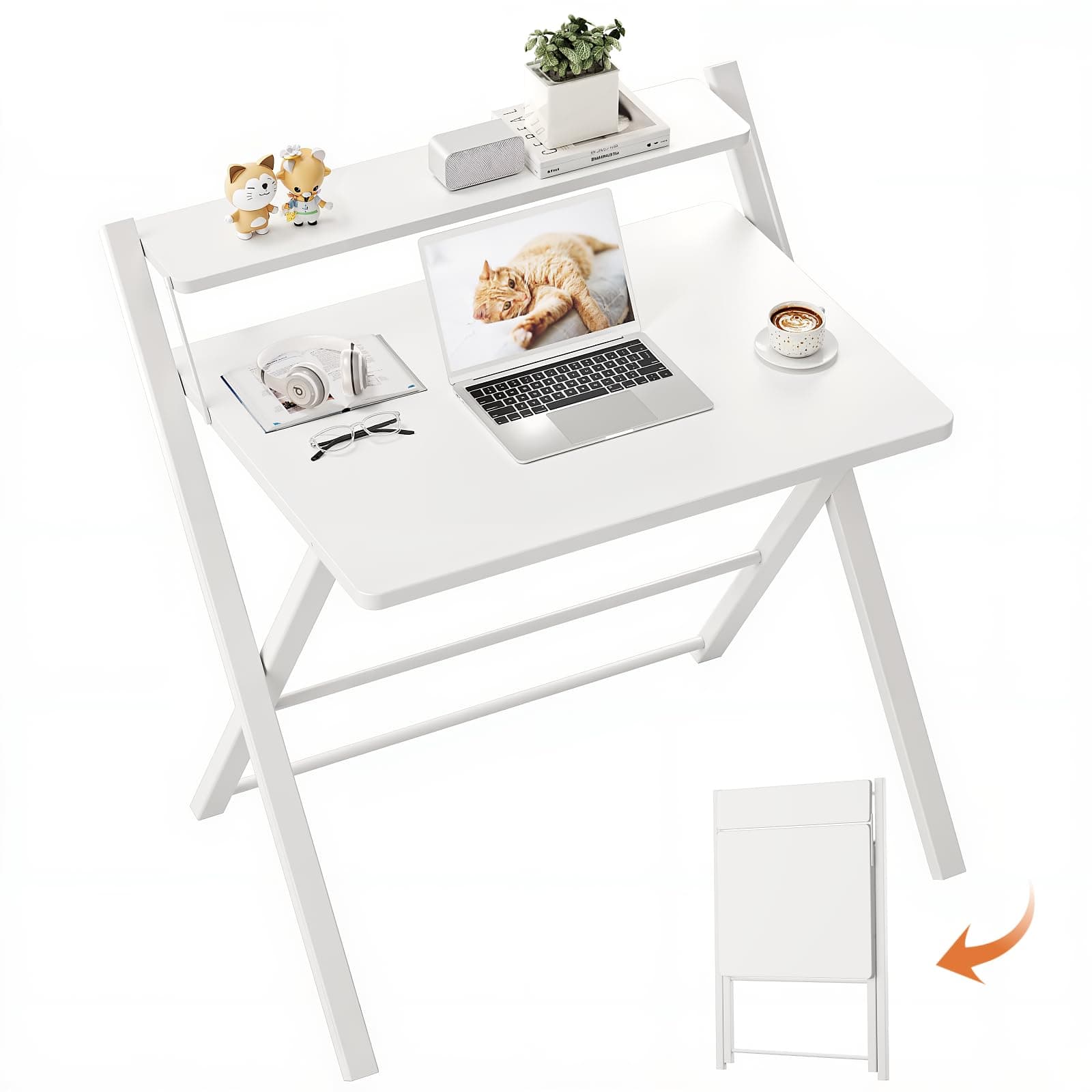 GreenForest No Assembly Folding Desk, 2-Tier Compact Computer Desk with Shelf, Space Saving Foldable Table for Home Office, Dorm or Apartment, Portable Collapsible Sturdy Laptop Desk, White