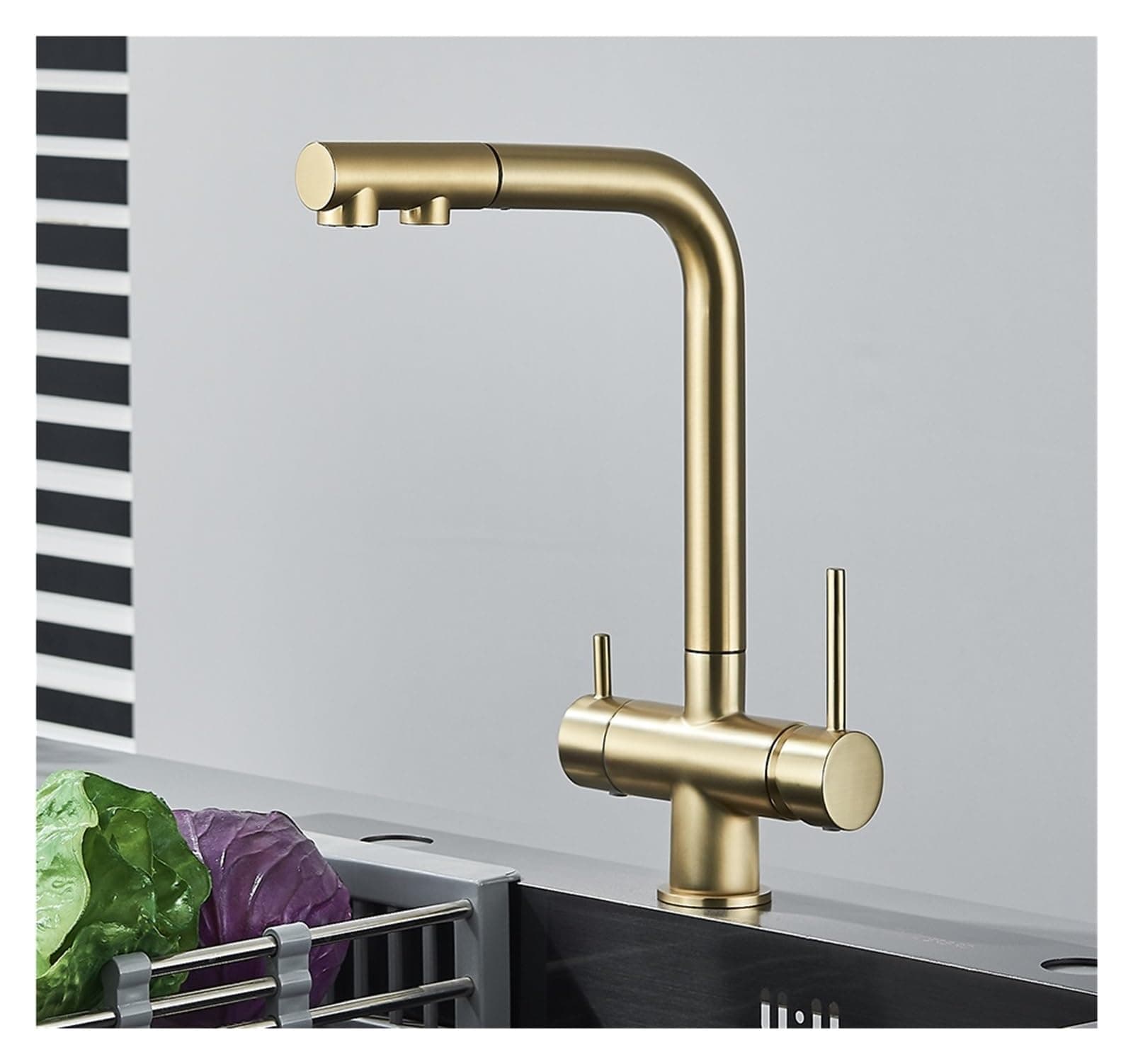 Chrome Brass Pull Out Filtered Kitchen Faucet Dual Handle Hot Cold Drinking Water 3-Way Filter Purification Mixer Taps(Color:Brushed Gold)