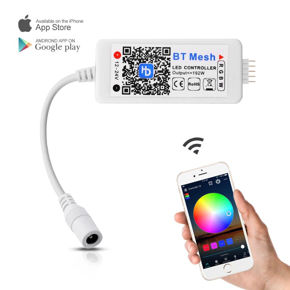 Bluetooth Mesh LED Controller for RGBW Strip Light, HaoDeng Smartphone App Control, DC12-24V 8A