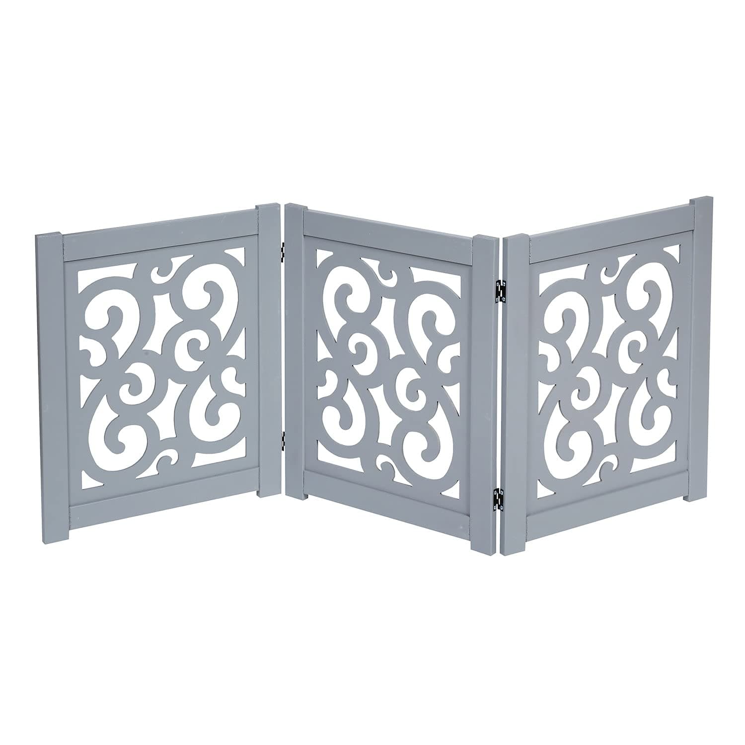 HOME DISTRICT Dog Gate Freestanding Pet Gate 4-Panel & 3 Panel Pet Gate for Dogs Folding Dog Gate Quadfold & Trifold Pet Gate for Small Dogs Decorative Pet Gate for Dogs Indoor, Grey Scroll 47" x 19\