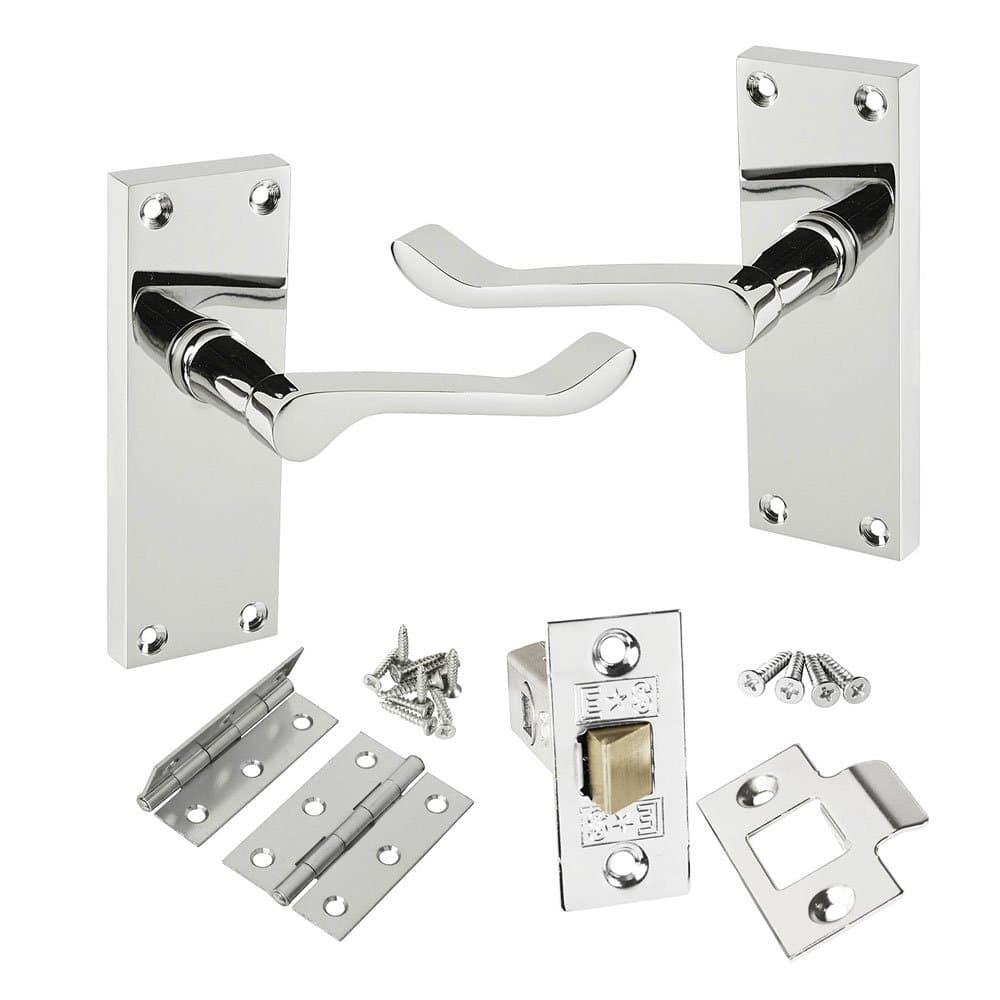 HANDLESTORE Victorian Scroll Door Handle Pack – Polished Chrome Finish, Pair of Handles with 2.5" Tubular Latch & 3" Hinges