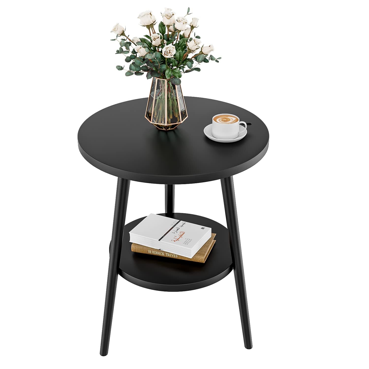 KZOBYD Round Side Table 2 Tier End Tables With Round Wooden Top Bedside Nightstand with Metal Frame Modern Style Sofa Tea Table for Living Room/Bedroom, 38 x 55cm(Black)