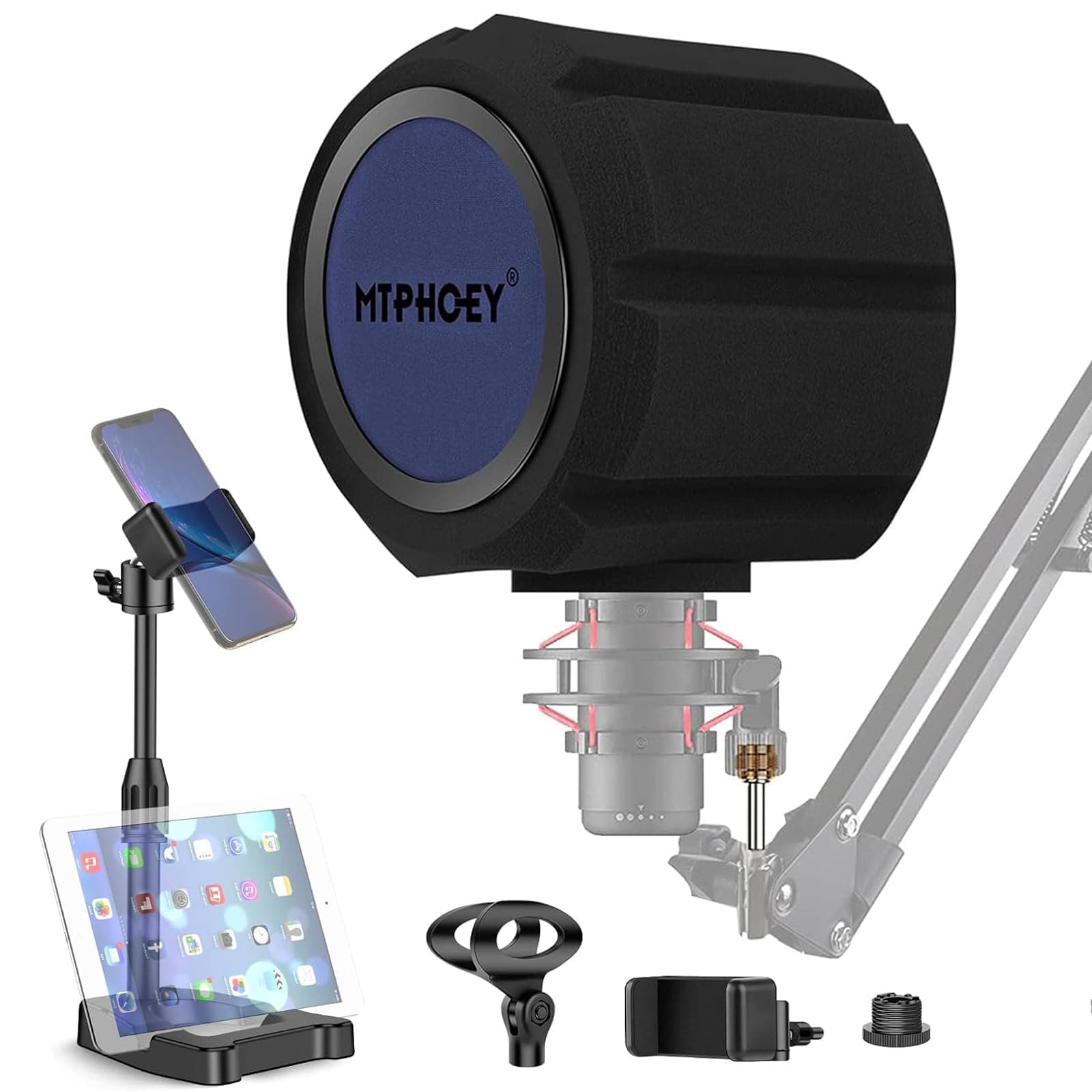 Microphone Windscreen Pop Filter with Gift Mic Stand&Phone Holder,Recording Shield，Mic Isolation Ball Sound-Absorbing Foam Windscreen for Large Mic, Studio Equipment Indoor & Outdoor Recording