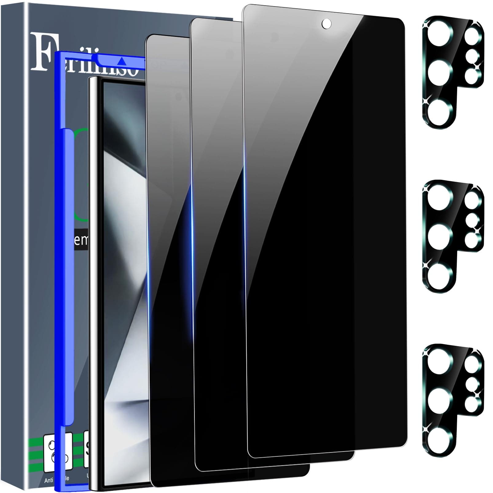 Ferilinso 4 Pack Privacy Screen Protector for Samsung Galaxy S24 Ultra with 4 Pack Camera Lens Protector Tempered Glass for Phone Case Protective Accessories