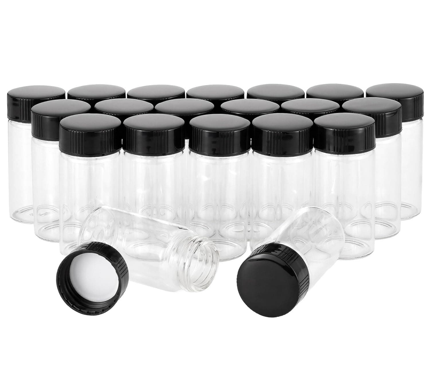 20 pcs 20 ml (2/3 Oz) Clear Glass Vials Sample Glass Bottles with Plastic Screw Black Cap Transparent Lab Vials Container